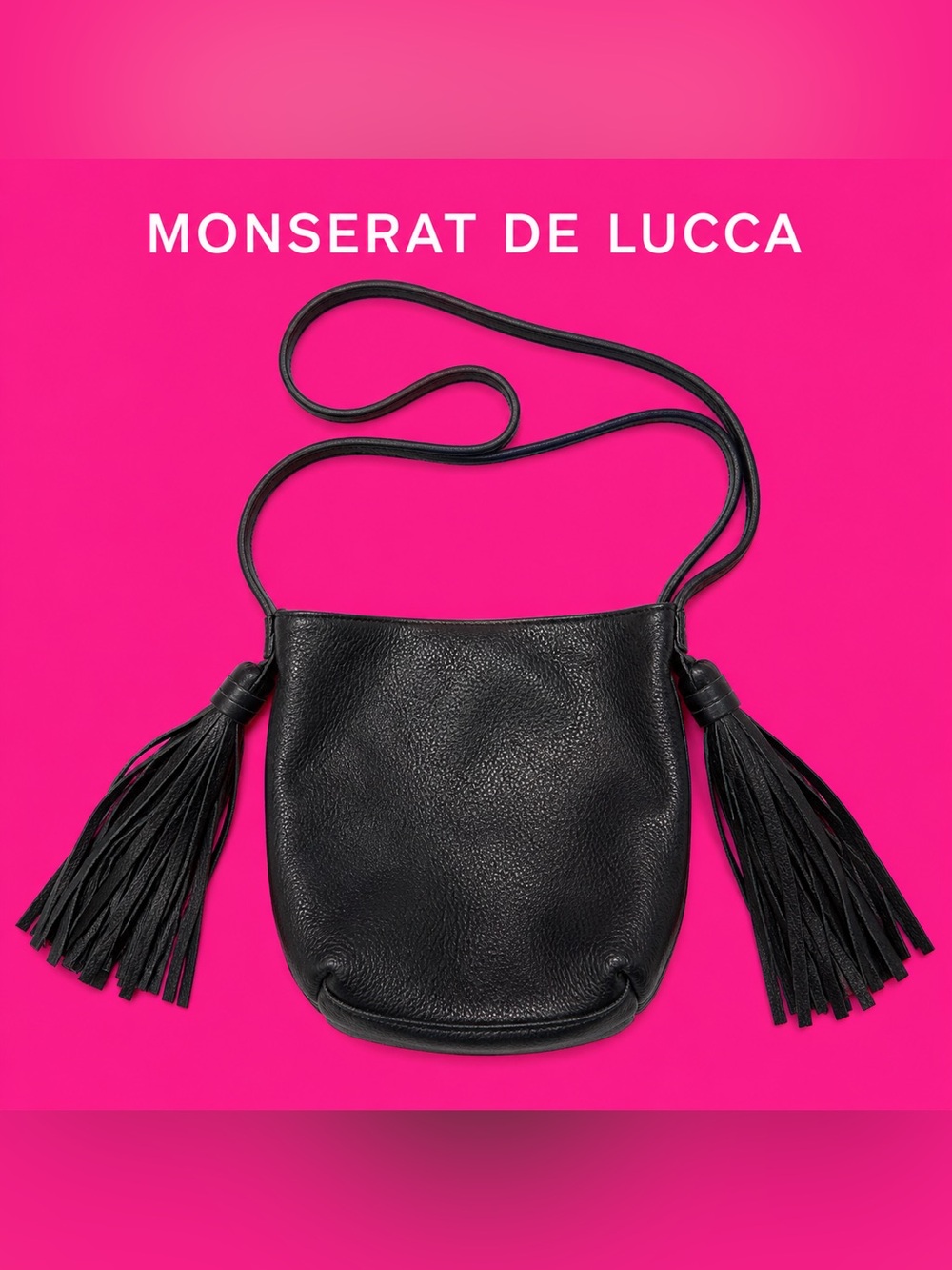 Monserat De Lucca Black Pebbled Leather Crossbody with Tassels Boho Bag